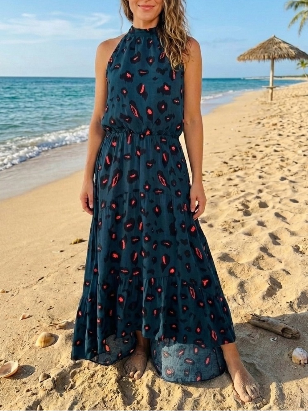 Pretty Garden Women's Halter Backless Maxi Dress Green Orange Leopard Print L